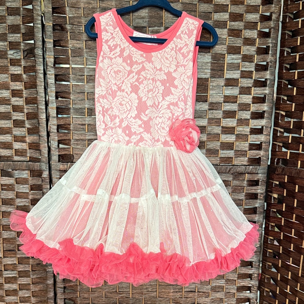 Popatu Coral pink and Cream Lace tutu tulle Dress sz 3 4 girls fancy